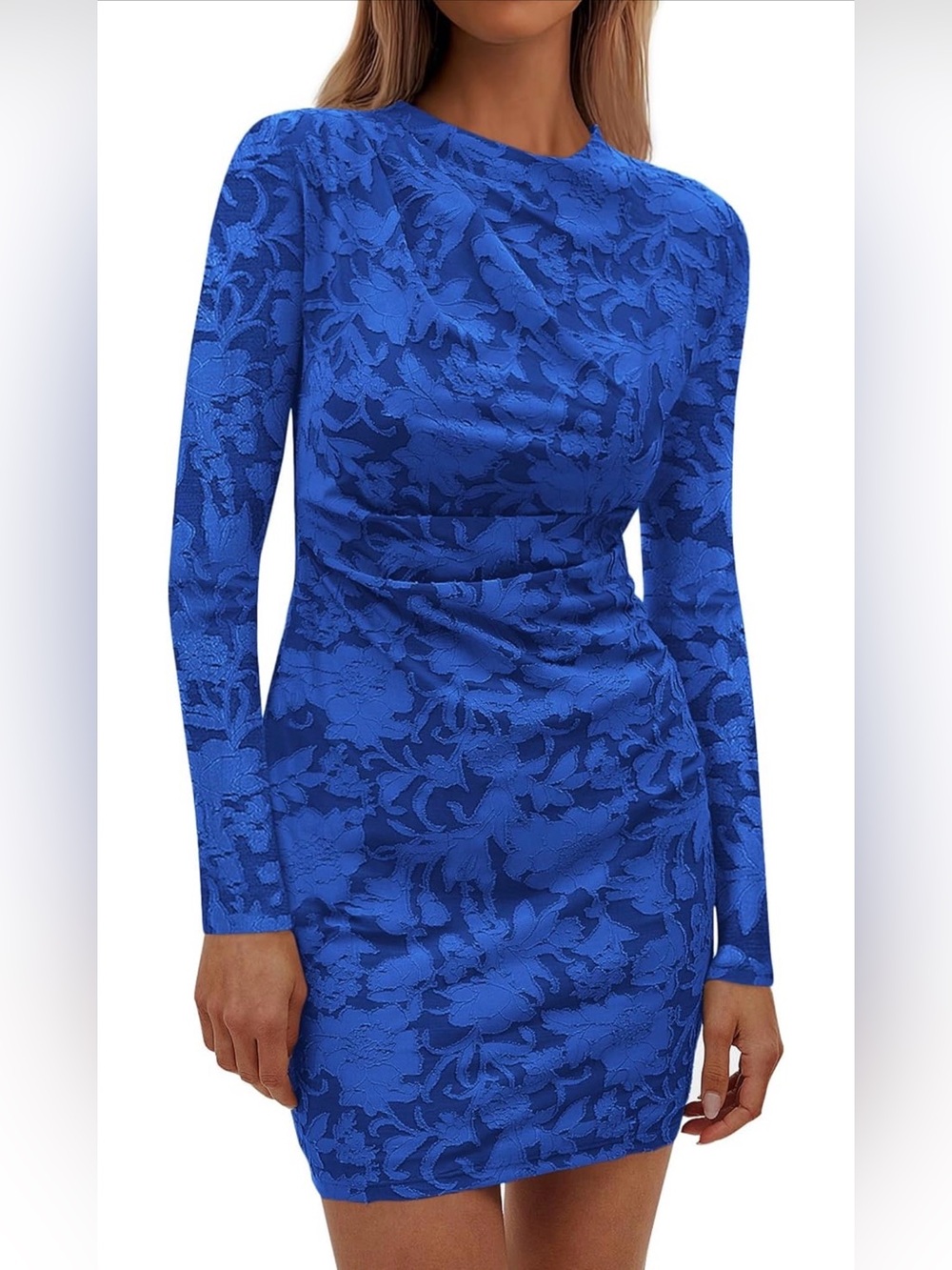 A121 PrettyGarden Long Sleeve Ruched Lace Floral Mini Bodycon Blue Dress NWT
